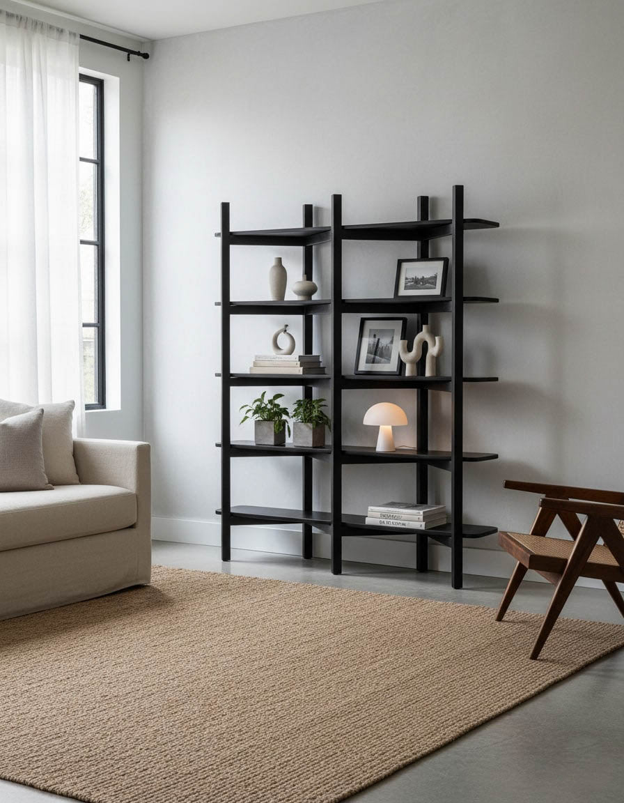 Nowoczesny, modułowy regał w salonie, stojący przy jasnej ścianie. Na półkach książki i minimalistyczne wazony. W tle jasna sofa i fotel z plecionką.