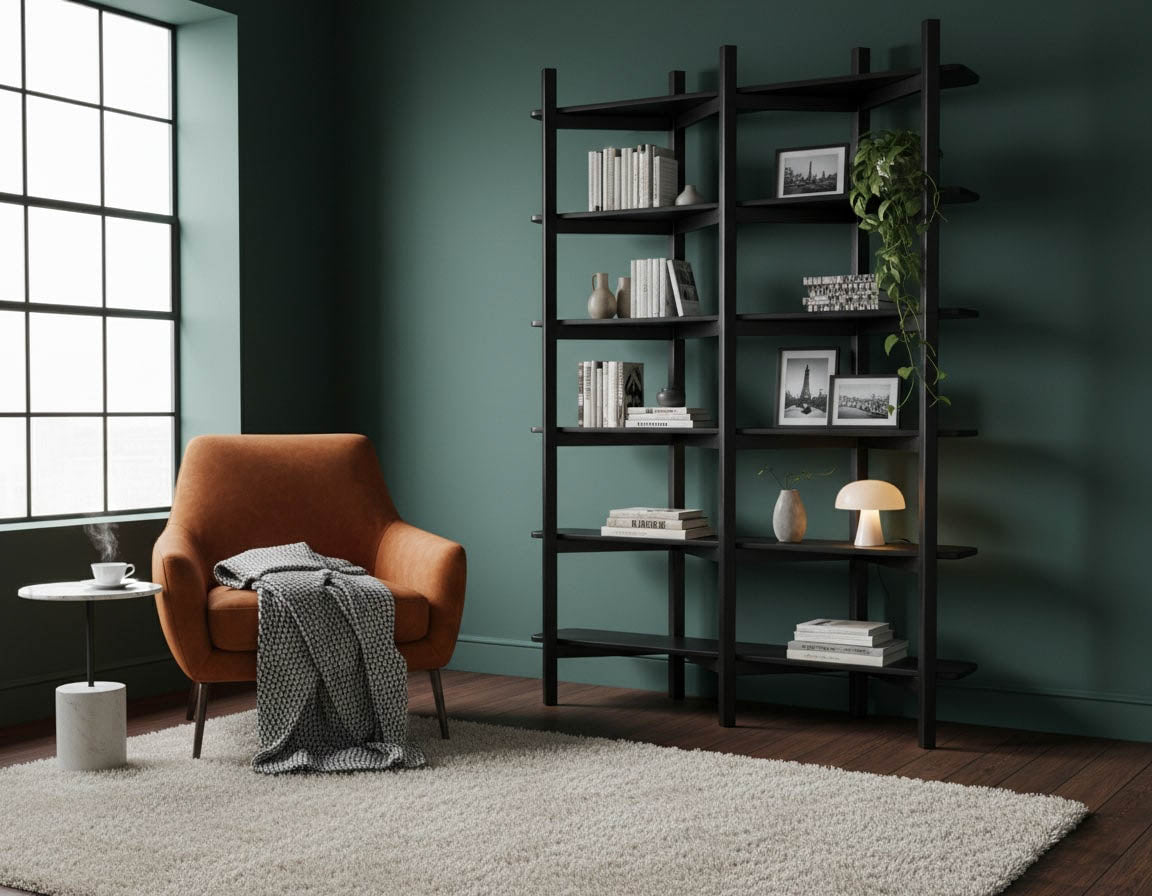 Elegancki regał w ciemnym drewnie, stojący na tle ciemnozielonej ściany, wypełniony książkami, ramkami i dekoracjami. Obok fotel w kolorze terakoty i stolik kawowy.